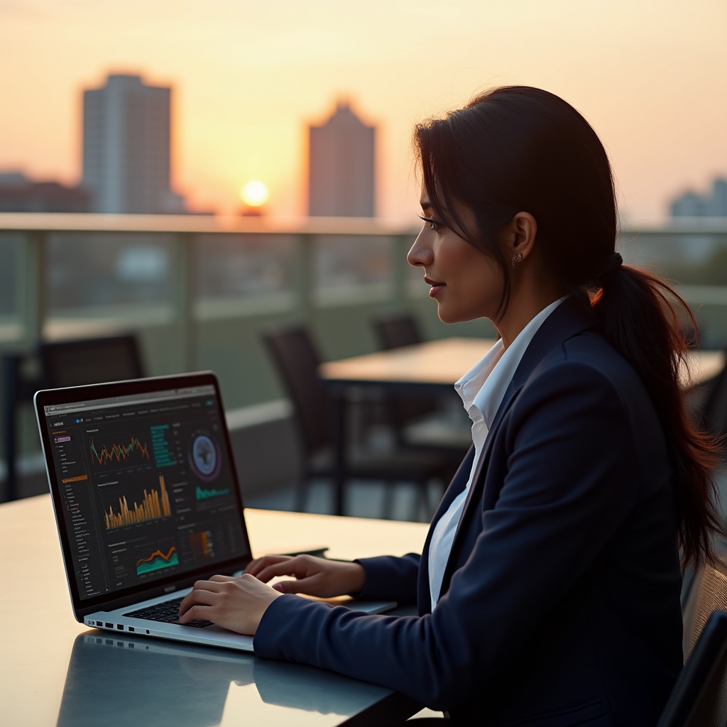 Person reviewing web analytics dashboard on a laptop at an outdoor workspace during golden hour