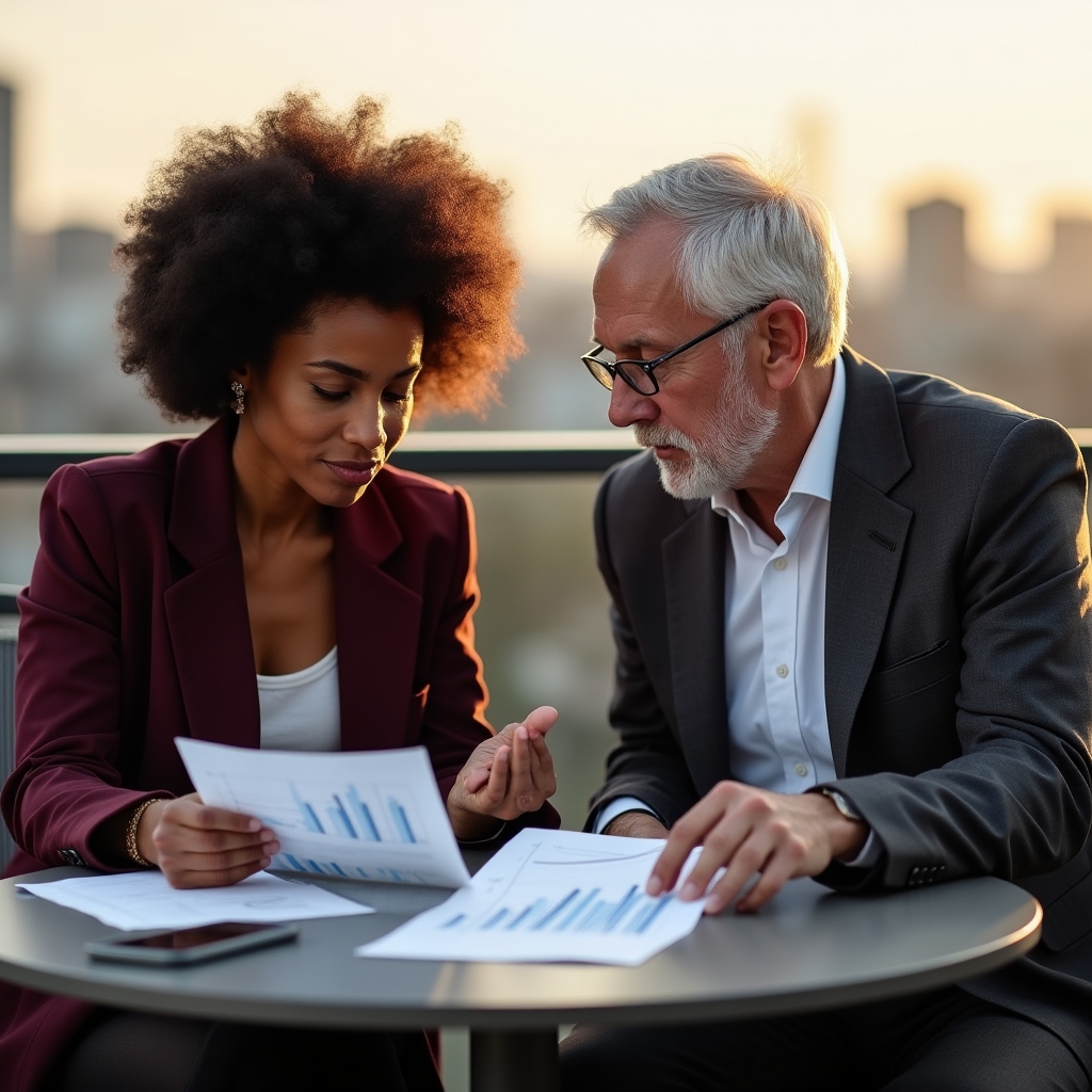 Two colleagues reviewing analytics printouts together at a rooftop terrace table, golden afternoon light, attentive expressions, city skyline in background, warm tones