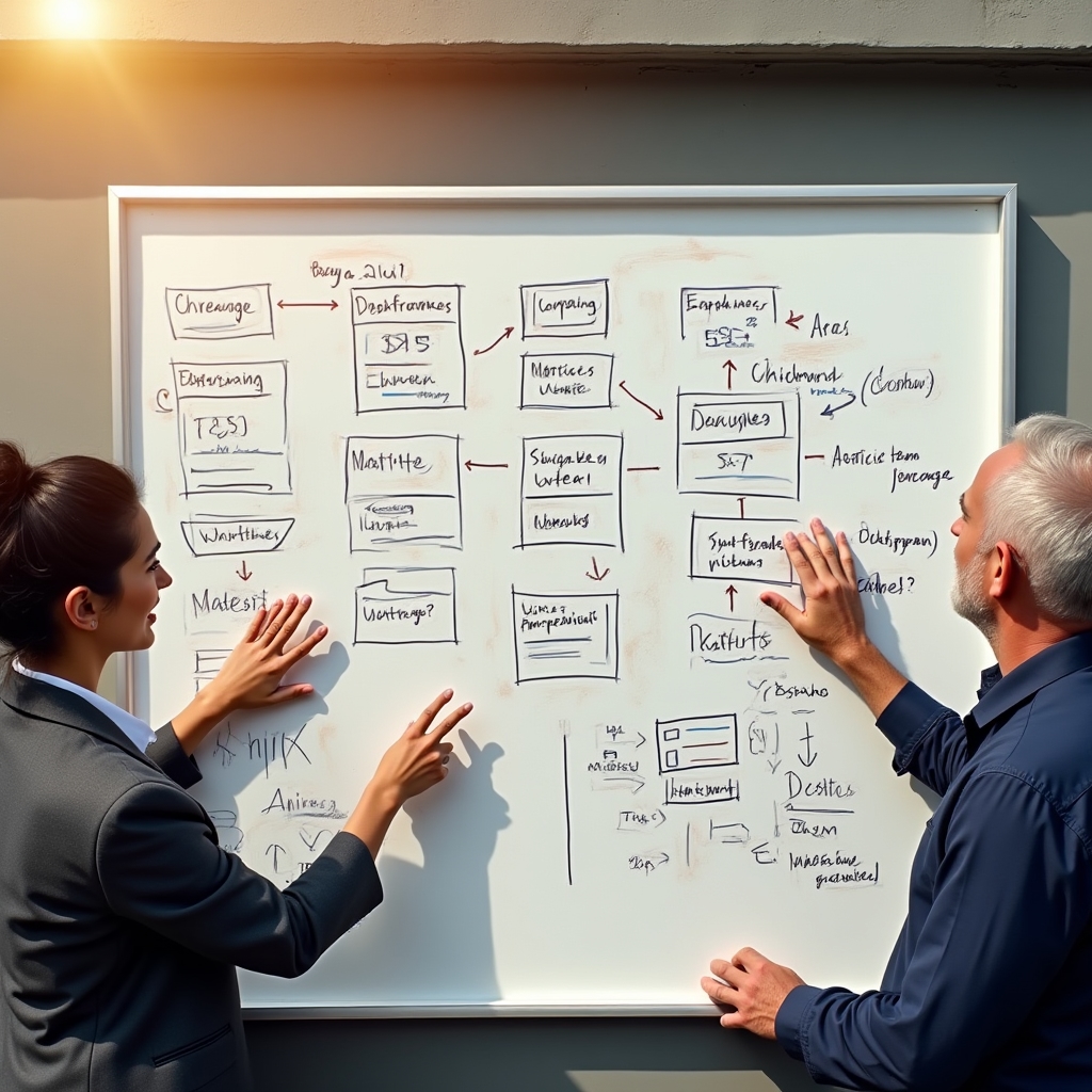 Person writing on a large whiteboard planning a dashboard layout with question prompts, rooftop office environment, late afternoon warm light, overhead shot