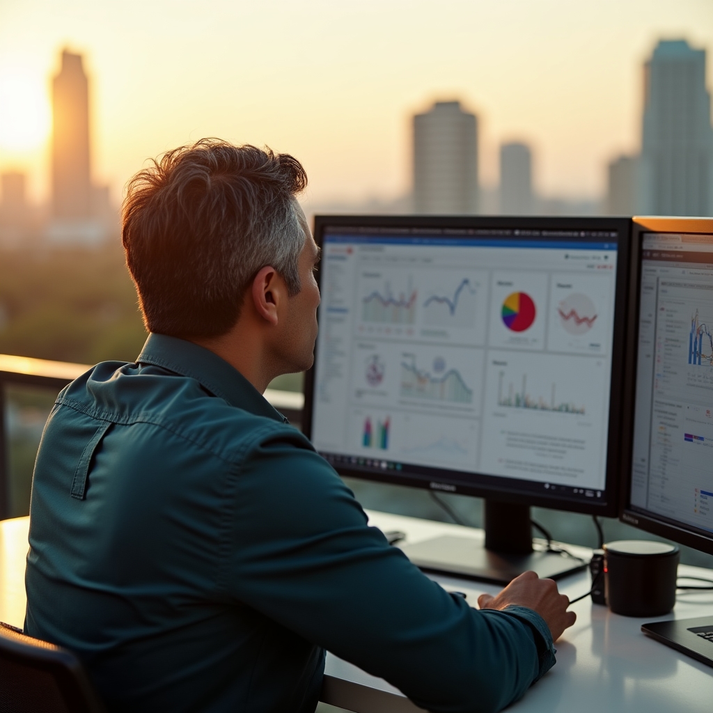 Analyst reviewing multiple documentation tabs on a large monitor at an outdoor rooftop workspace, late afternoon golden light, focused expression, city skyline behind