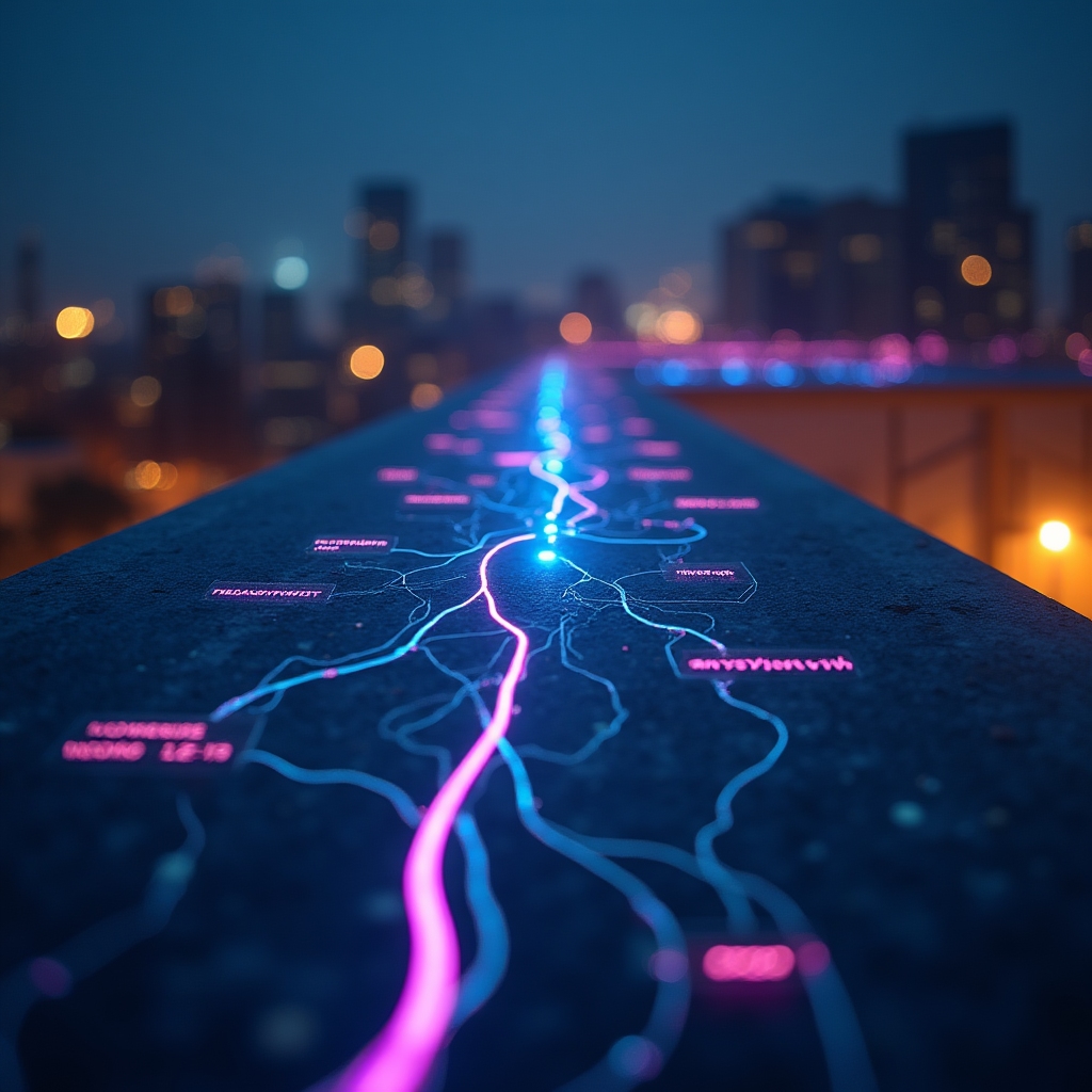 Abstract visualization of user paths branching into multiple sessions across a web analytics interface, warm golden afternoon light