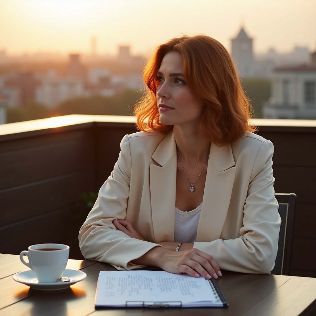 Writer reviewing notes at an outdoor rooftop workspace with city skyline in background, golden sunset light, thoughtful expression, warm tones